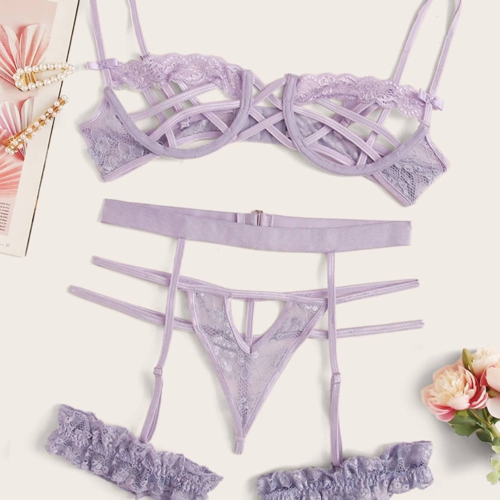 Purple Lace Lingerie Set With Garter NWOT